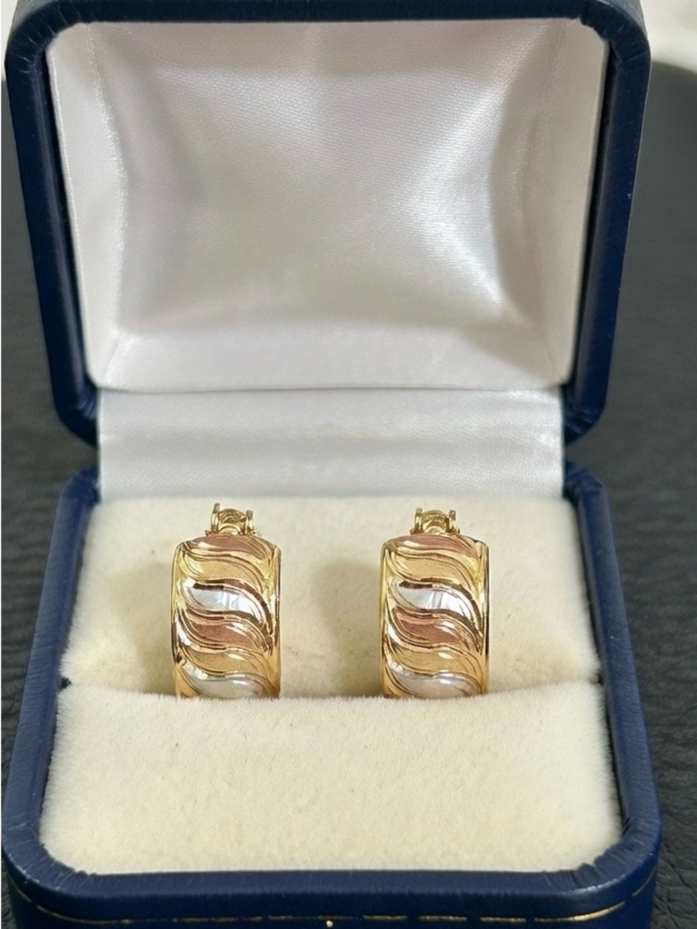 Tri-Tone Wave Hoop Earrings - 18k Gold, Rose Gold, White Gold